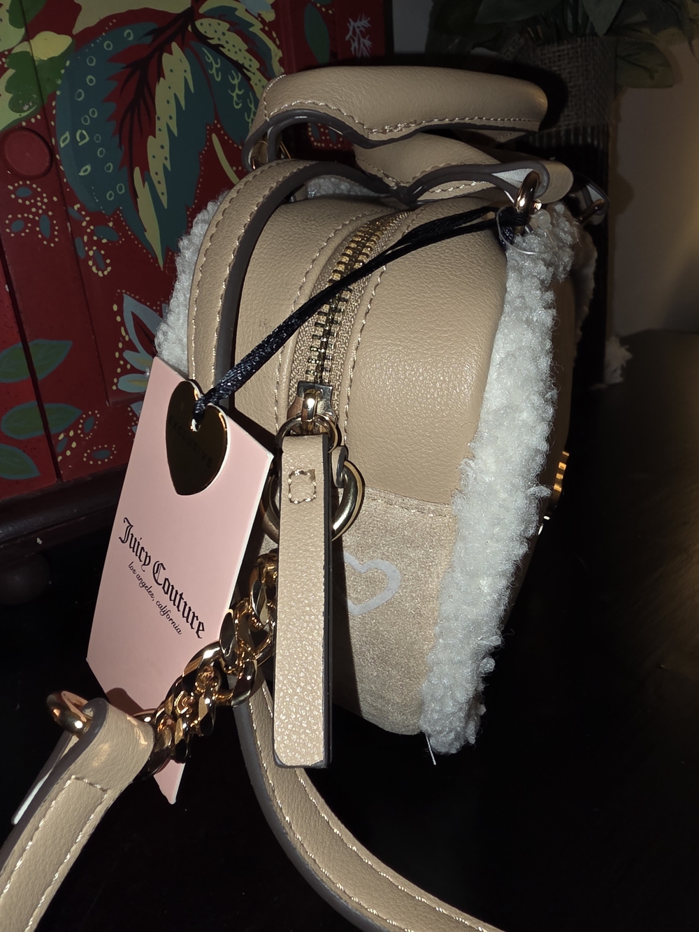 Juicy Couture Beige Crossbody with Shearling Trim and Gold Hardware